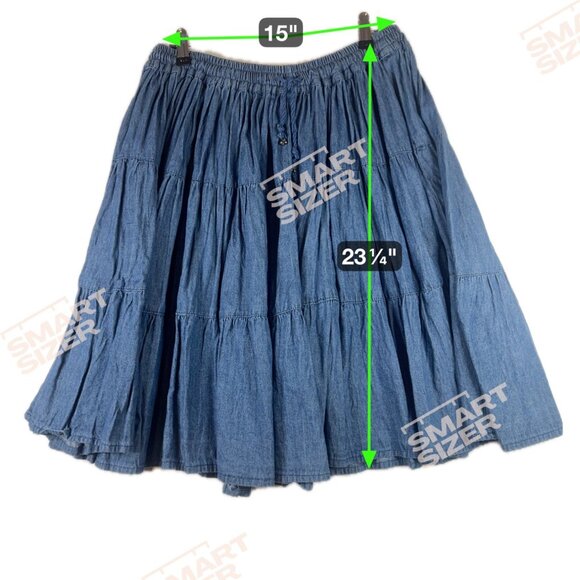 Vintage Access Blue Tiered Skirt Drawstring Elastic Waist L Double Denim Cotton - Picture 3 of 7
